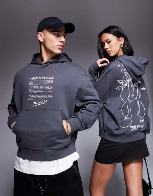 ASOS DESIGN – Grafitowa bluza unisex o pudełkowym kroju i fasonie oversize z rysunkowym nadrukiem Picasso
