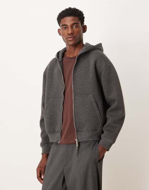 ASOS DESIGN – Grafitowa bluza z kapturem o luźnym pudełkowym kroju z materiału w stylu scuba z zapięciem na zamek