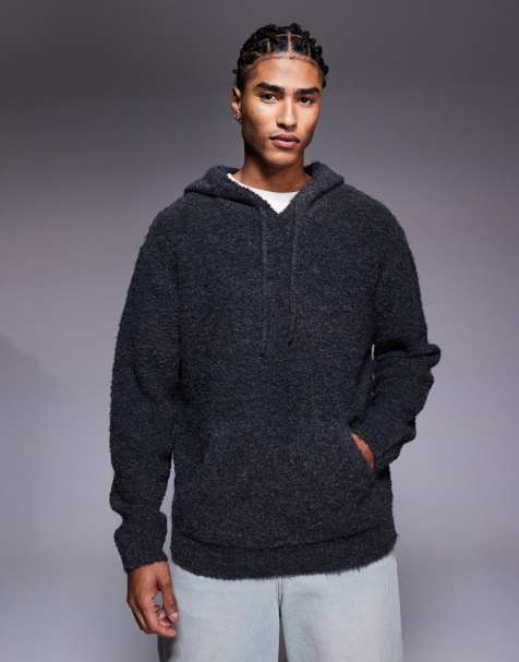 ASOS DESIGN oversized knitted boucle hoodie in charcoal