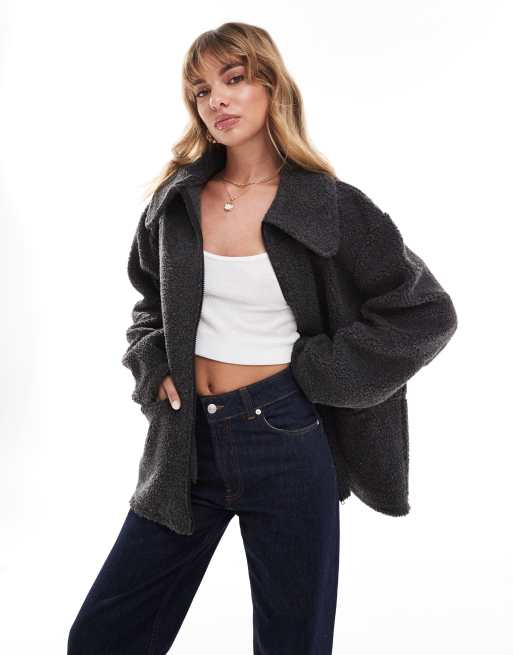 ASOS DESIGN – Grafitowa bluza ze sztucznego kożuszka, z kołnierzem i zapięciem na zamek