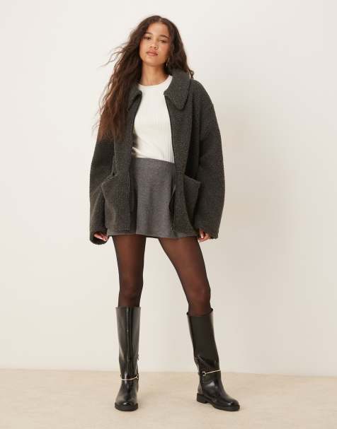 ASOS DESIGN collared borg fleece zip through in charcoal