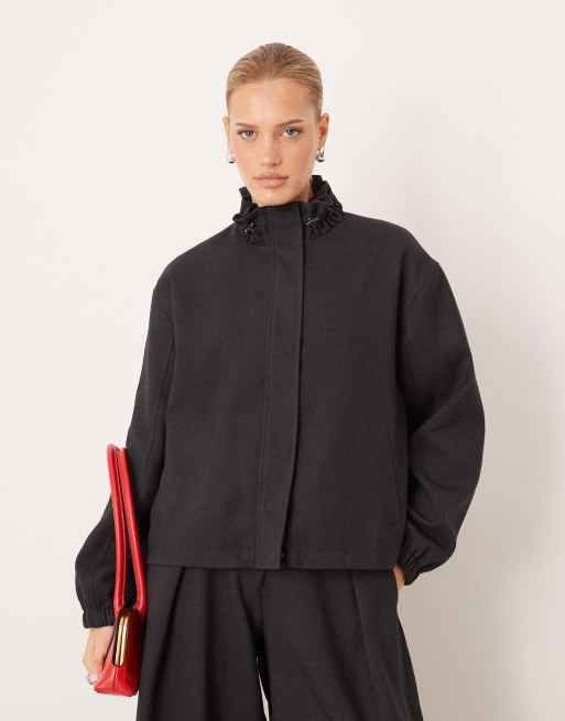 ASOS DESIGN – Grafitowy zestaw z dopasowaną kurtką z wysokim kołnierzem i spodniami z szerokimi nogawkami, 3 z 3