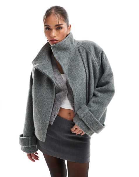 ASOS DESIGN – Grafitowa elegancka kurtka typu biker z wysokim kołnierzem ze szczotkowanego materiału - view 1