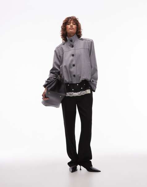 ASOS DESIGN tailored funnel neck tab detail jacket in charcoal
