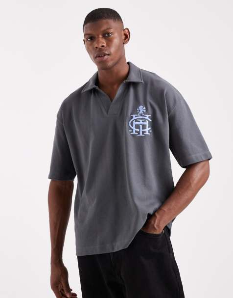ASOS DESIGN heavyweight boxy oversized polo with dropped shoulder with chest logo embroidery in charcoal pique