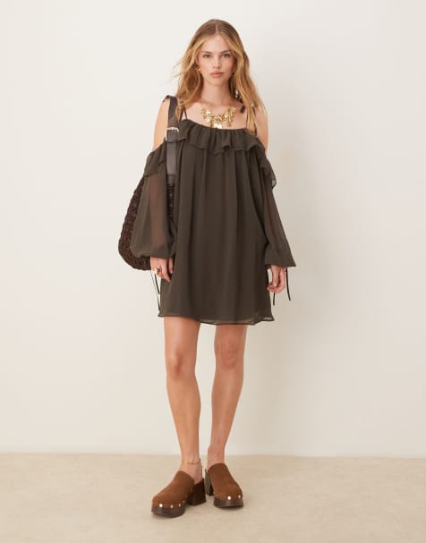 ASOS DESIGN cold shoulder smock mini dress in charcoal