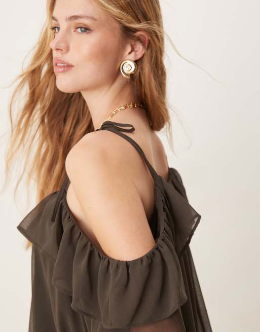 ASOS DESIGN – Grafitowa luźna sukienka mini z odsłoniętymi ramionami, 3 z 4