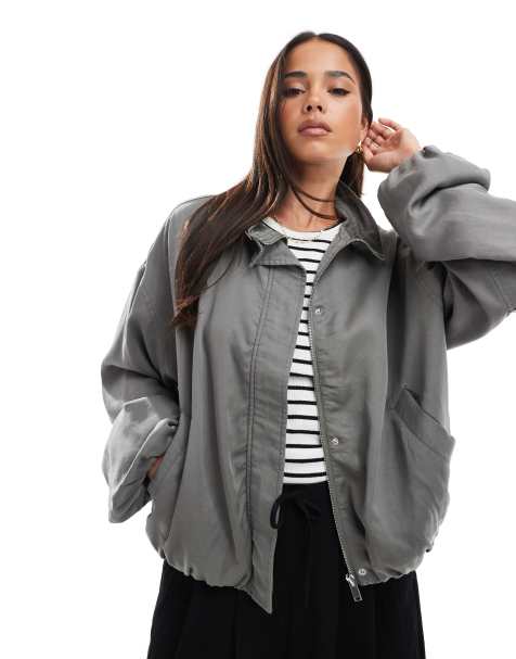 ASOS DESIGN washed ruched funnel neck jacket in charcoal