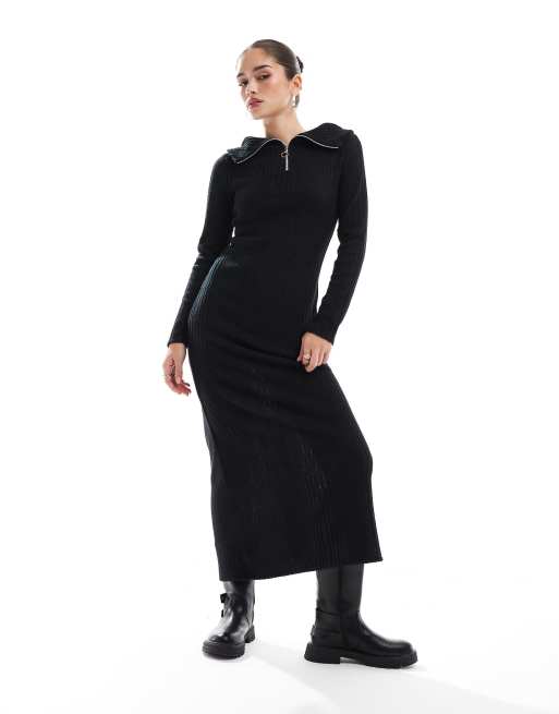 ASOS DESIGN – Grafitowa prążkowana sukienka midi z zamkiem z okrągłą zawieszką