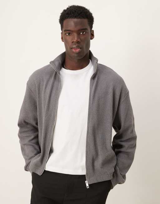 ASOS DESIGN – Grafitowa pudełkowa kurtka dresowa oversize z prążkowanego szczotkowanego materiału z zapięciem na zamek i kieszeniami
