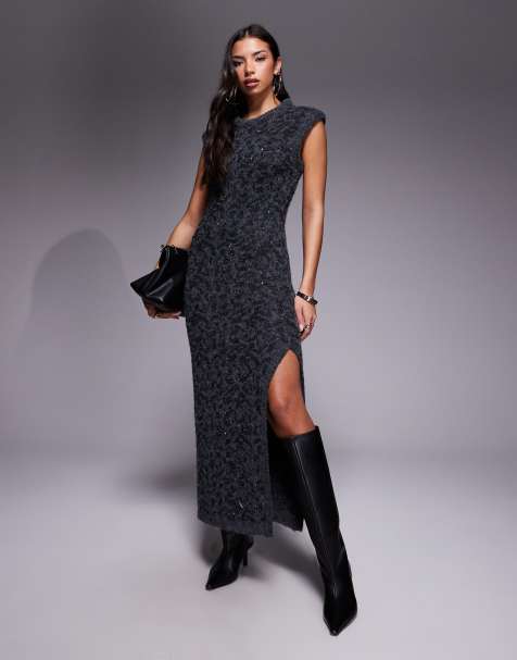 ASOS DESIGN – Grafitowa sukienka maxi z wypukłym dekoltem i cekinami - view 1