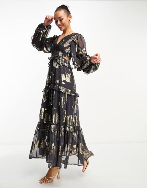 ASOS DESIGN – Grafitowa sukienka maxi z zaszewkami, głębokim dekoltem i wycięciem w metaliczny żakardowy kwiatowy wzór