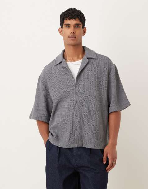 ASOS DESIGN relaxed revere crochet t-shirt in dark grey 