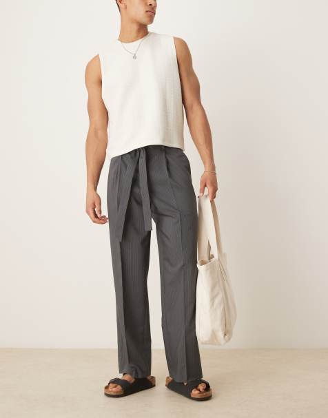 ASOS DESIGN smart wide leg trousers with belt detail and front pleat in charcoal pinstripe