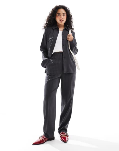 ASOS DESIGN – Grafitowe eleganckie szczotkowane spodnie z prostymi nogawkami i patką w paski, część zestawu - view 1