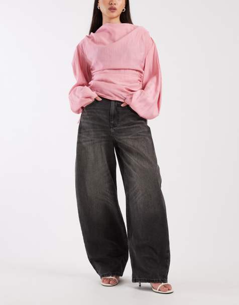 ASOS DESIGN high waisted barrel leg jeans in washed charcoal