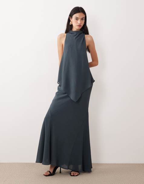 ASOS DESIGN chiffon high neck double layer maxi dress in charcoal grey