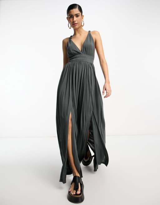 ASOS DESIGN – Grafitowoszara sukienka maxi z marszczoną talią i węzłami na ramiączkach z modalu