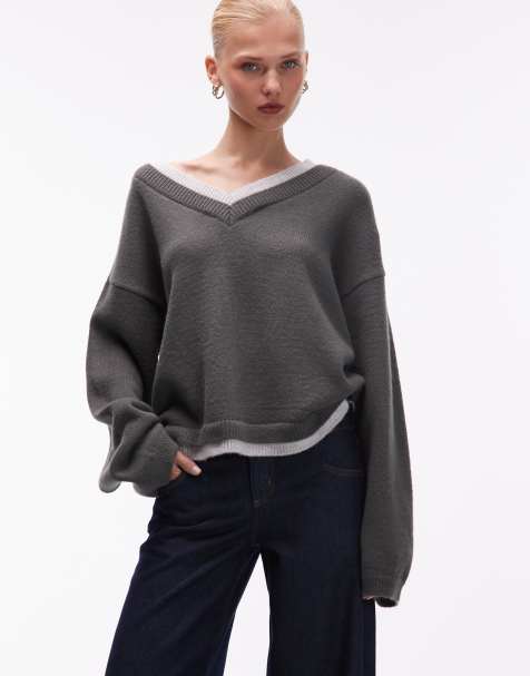 ASOS DESIGN – Grafitowy dwuwarstwowy sweter z dekoltem w szpic - view 1