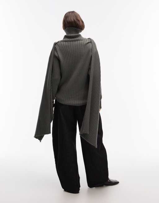 ASOS DESIGN – Grafitowy dzianinowy sweter z golfem i odpinanym szalem, 3 z 4
