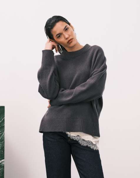 ASOS DESIGN chunky premium lambswool curved hem jumper in charcoal - CHARCOAL