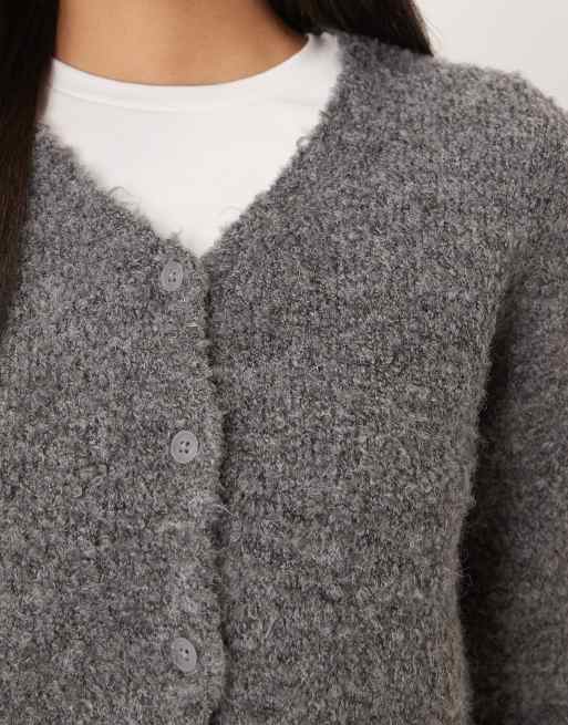 ASOS DESIGN – Grafitowy kardigan z dekoltem w szpic z dzianiny boucle, 3 z 4