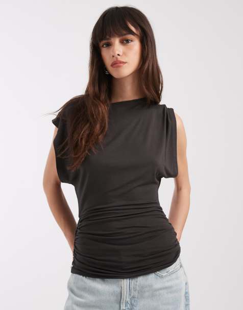 ASOS DESIGN – Grafitowy luźny top bez rękawów z drapowanym dekoltem i marszczoną talią - view 1