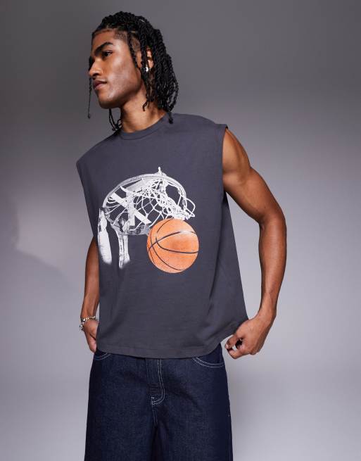 ASOS DESIGN – Grafitowy pudełkowy podkoszulek oversize z grafiką sportową z przodu i na plecach