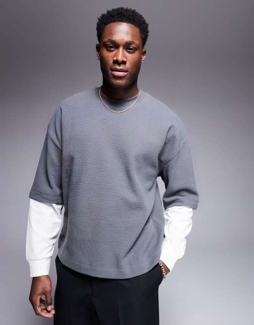ASOS DESIGN – Grafitowy pudełkowy T-shirt oversize o waflowej fakturze z podwójnymi rękawami