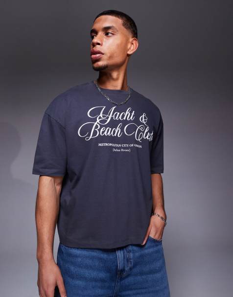 ASOS DESIGN boxy oversized t-shirt with text graphic in charcoal