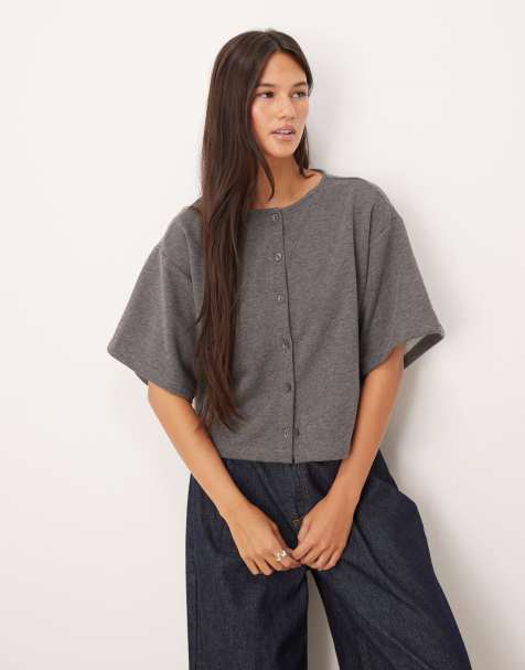 ASOS DESIGN boxy button through sweat top in charcoal