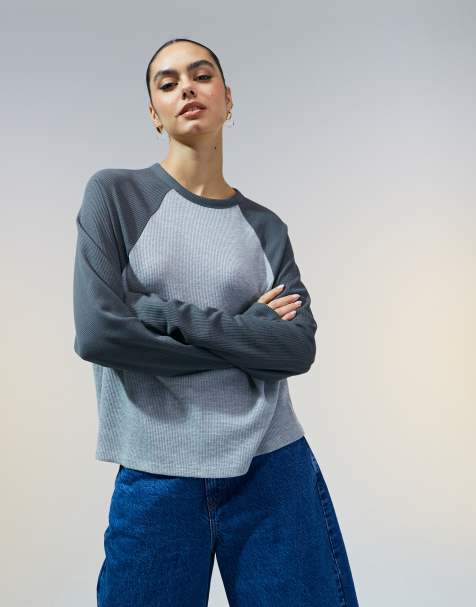 ASOS DESIGN raglan long sleeve top in waffle in charcoal 