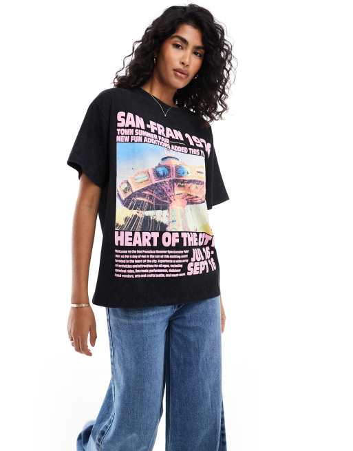 ASOS DESIGN – Grafitowy sprany T-shirt oversize z grafiką z napisem „San Fran”