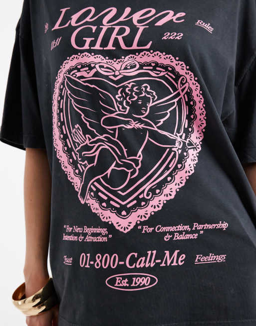 ASOS DESIGN – Grafitowy sprany T-shirt oversize z nadrukiem Lover Girl, 2 z 4
