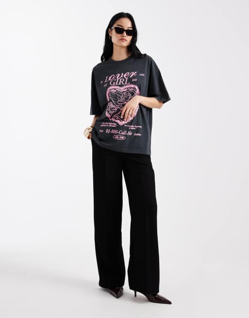 ASOS DESIGN – Grafitowy sprany T-shirt oversize z nadrukiem Lover Girl, 3 z 4