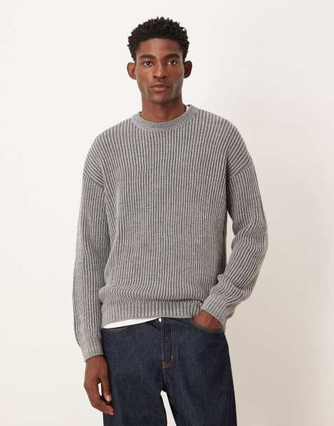 ASOS DESIGN relaxed long sleeve knitted crew neck rib jumper in charcoal