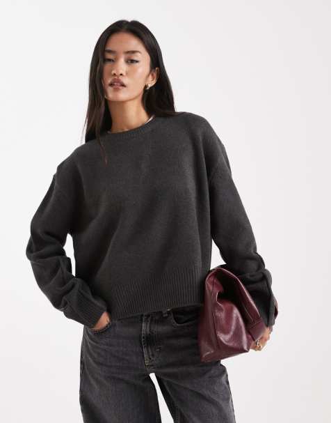 ASOS DESIGN boxy crew neck jumper with side split detail in charcoal