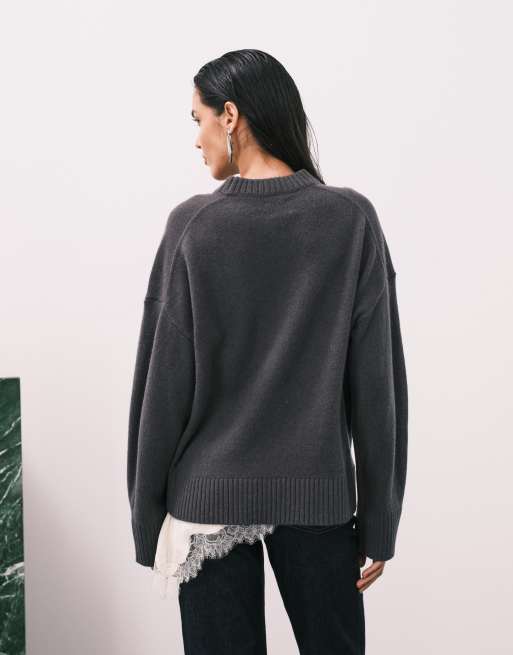 ASOS DESIGN – Grafitowy sweter premium z wełny jagnięcej z zaokrąglonym dołem, 4 z 4