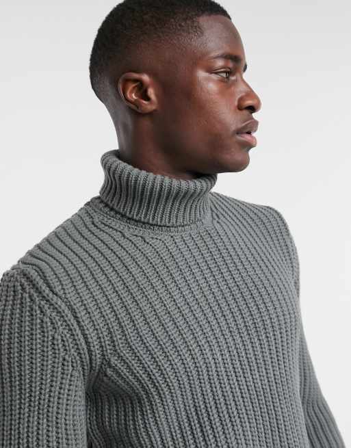 ASOS DESIGN – Grafitowy sweter z golfem z grubej prążkowanej dzianiny