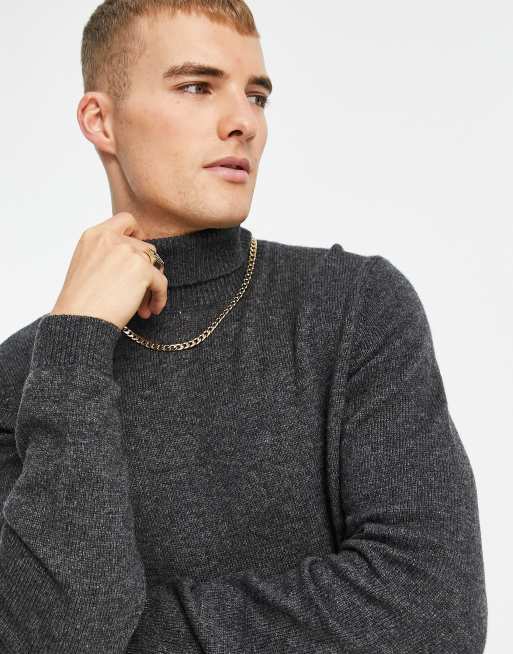 ASOS DESIGN - Grafitowy sweter z odwijanym golfem z owczej wełny