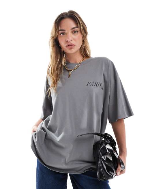 ASOS DESIGN – Grafitowy T-shirt o fasonie boyfriend z grafiką z napisem „Paris” na plecach