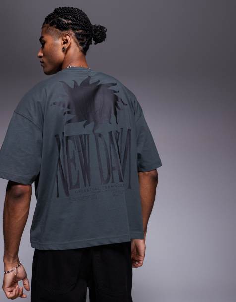 ASOS DESIGN boxy oversized t-shirt with celestial graphic in charcoal