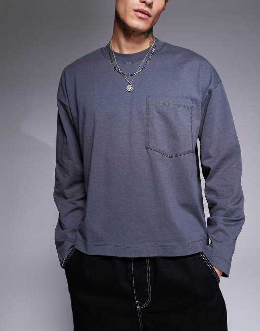 ASOS DESIGN – Grafitowy T-shirt o pudełkowym kroju oversize z długimi rękawami i kieszenią z przodu
