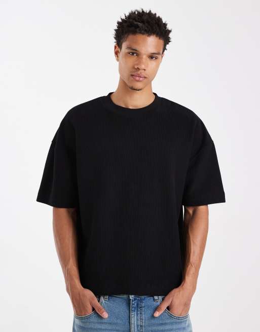 ASOS DESIGN – Grafitowy T-shirt o pudełkowym kroju z obniżoną linią ramion z grubego fakturowanego materiału