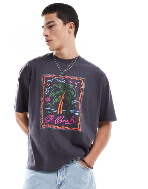 ASOS DESIGN oversized t-shirt with palm tree graphic in charcoal