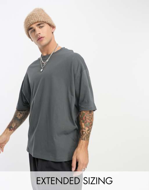 ASOS DESIGN – Grafitowy T-shirt oversize z okrągłym dekoltem