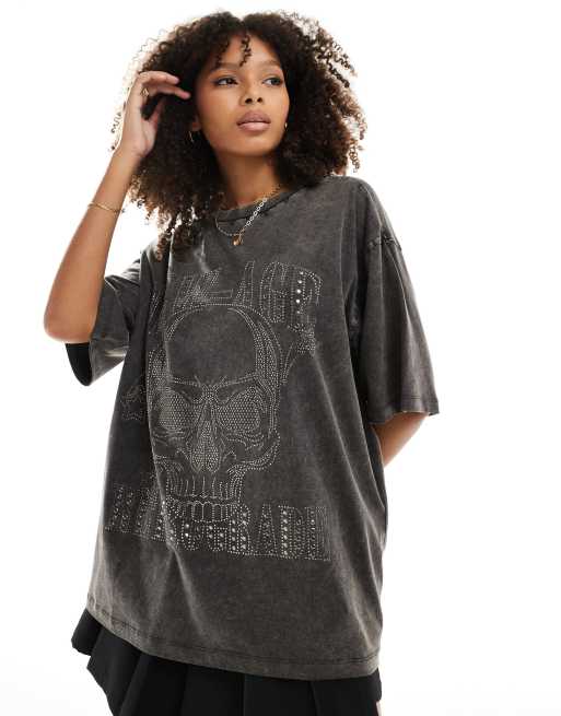 ASOS DESIGN – Grafitowy T-shirt oversize z rockową grafiką z czaszką i dżetami oraz efektem sprania