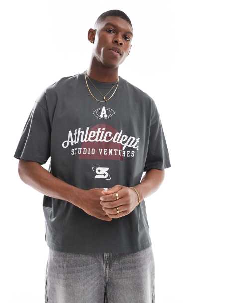 ASOS DESIGN oversized t-shirt with sports graphic in charcoal