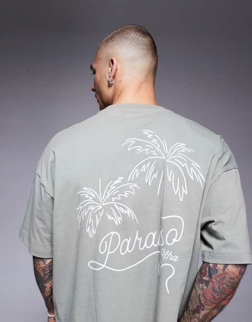 ASOS DESIGN - Grågrøn T-shirt med oversized og firkantet pasform samt palme-grafik , 2 af 4