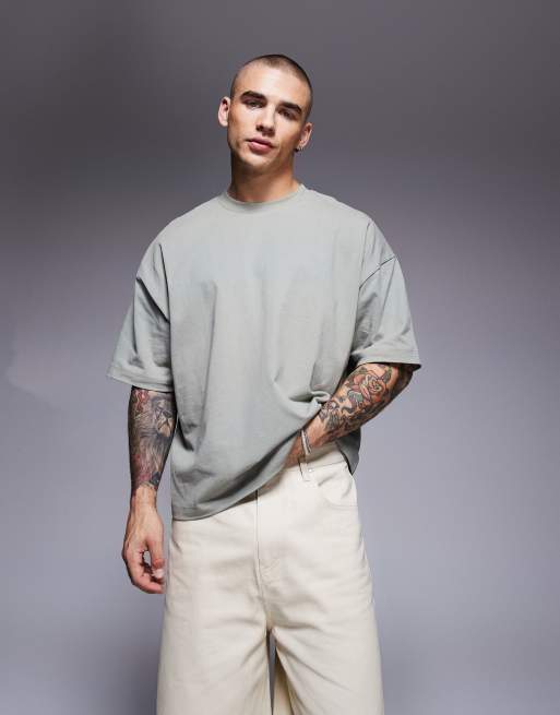 ASOS DESIGN - Grågrøn T-shirt med oversized og firkantet pasform samt palme-grafik , 3 af 4